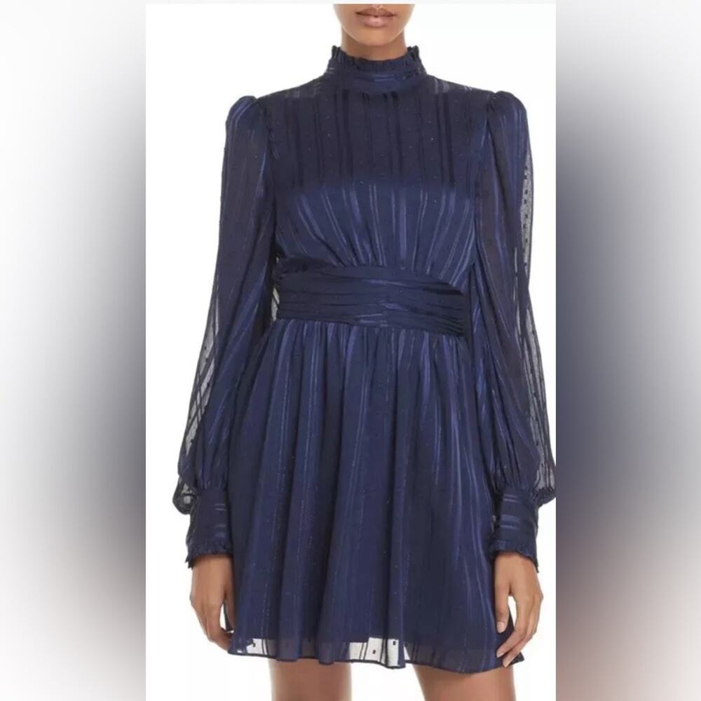 NWT AQUA Mock Neck Semi Sheer Navy Blue Mini Dress Medium Elegant Retro Whimsy - Picture 3 of 16